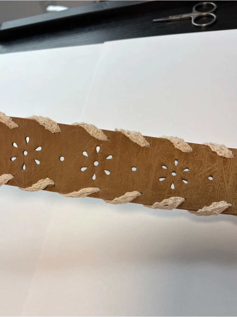 Boho fairycore faux leather belt with white lace trim, lasercut flowers. Small
